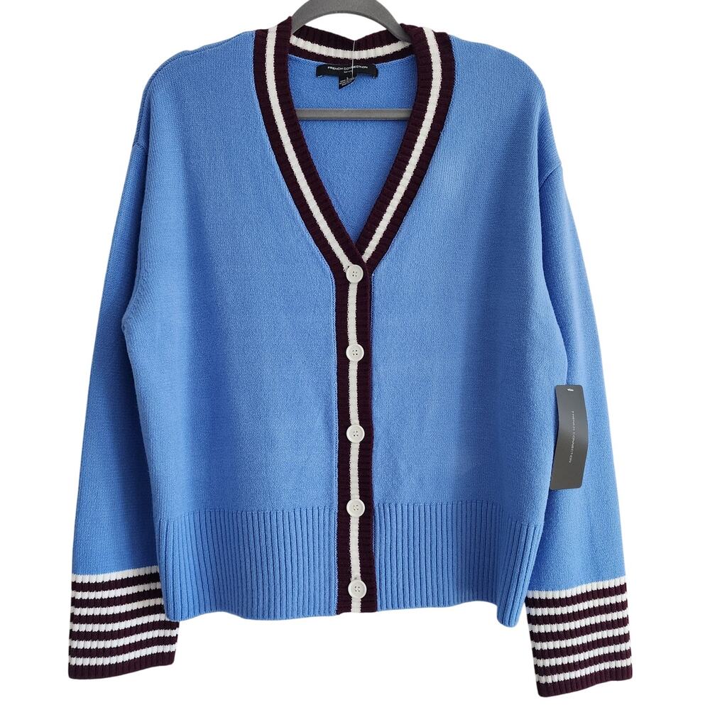 French Connection Blue & Brown V-Neck Button Down Cardigan Sweater Size Large